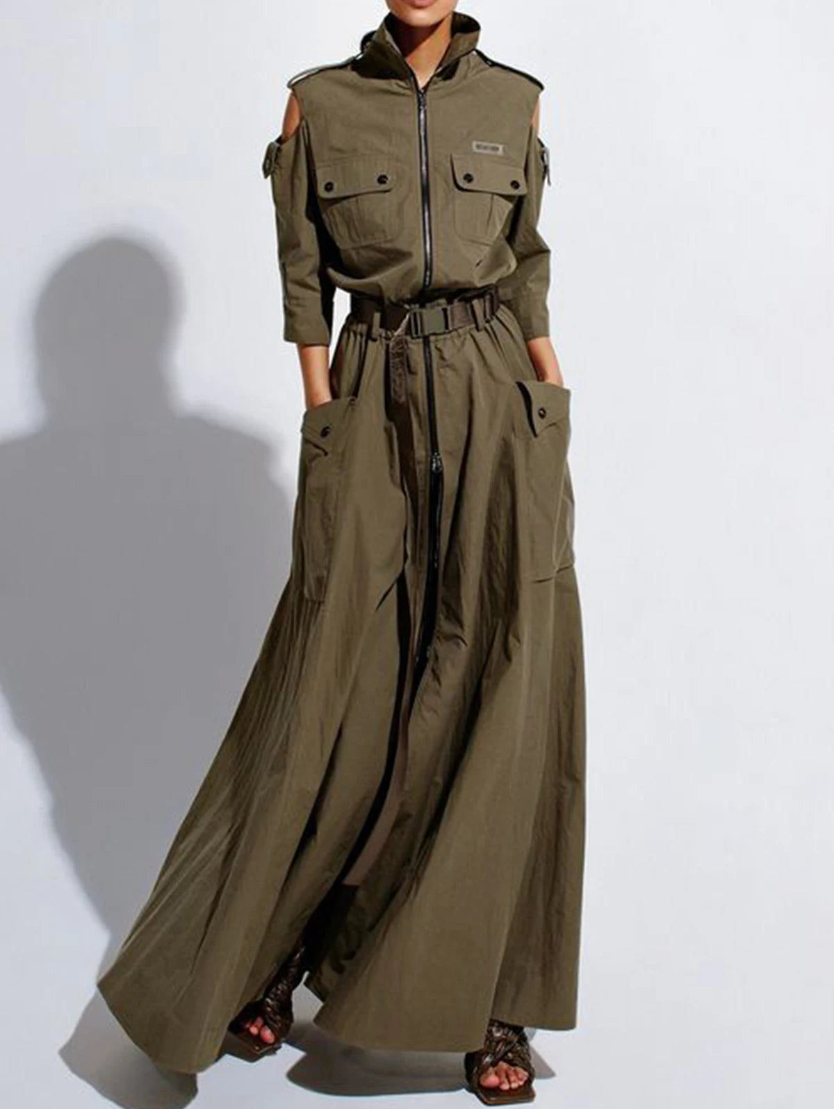 Maria's Maxi Long Sleeves Retro Dress with Zipper & Pockets