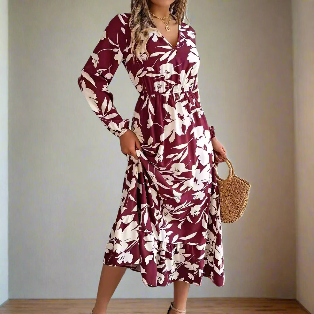 Vienna's Floral Print, Trendy, Stylish, Vintage, Elastic Waist, Long Sleeves, Pullover, Robe, Midi Long Dress