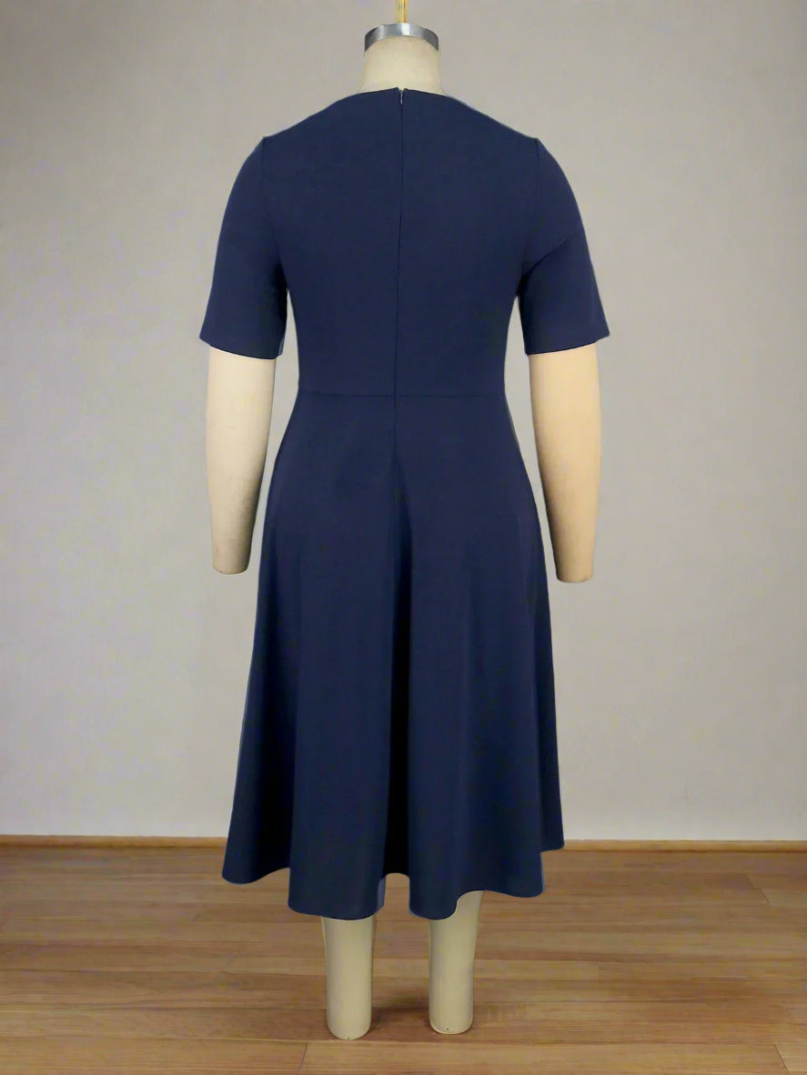 Marwa's Navy Blue, Stylish, Trendy, Office Style, Pleated, Asymmetric Neck, Half sleeves, Midi Dress