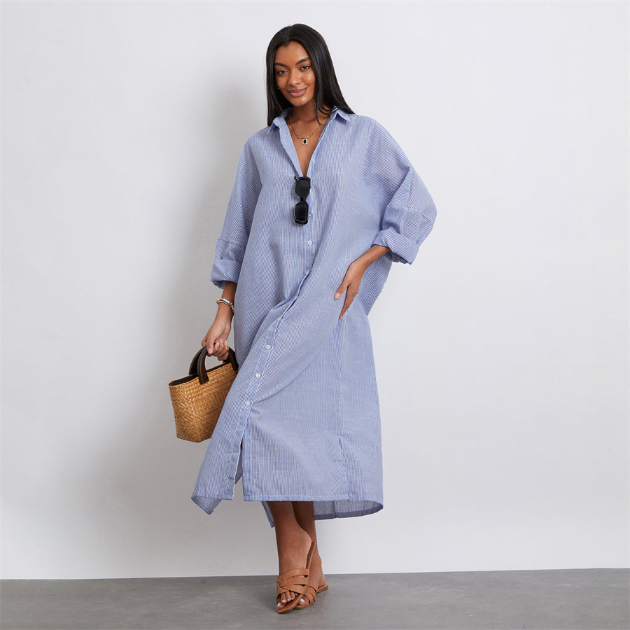 Rosa's Baggy, Loose, Striped, Trendy, Stylish, Boho, Vintage, Long Sleeves, Long Shirt Dress