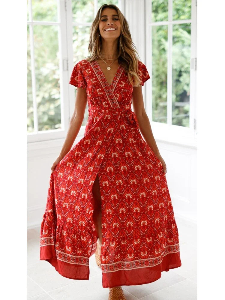 Violet's red floral crossed casual boho dress