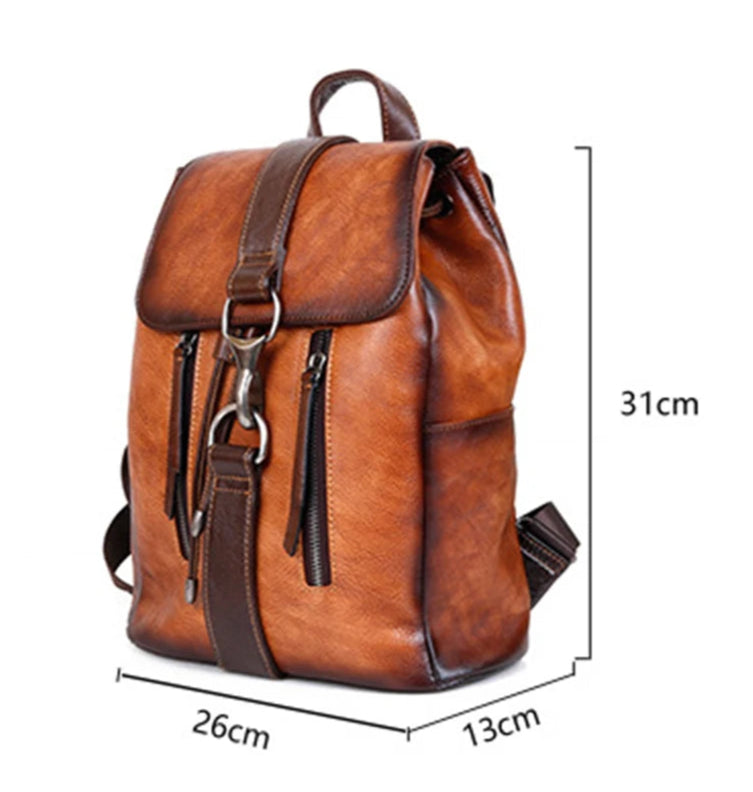 Brown leather backpack with measurements on a white background