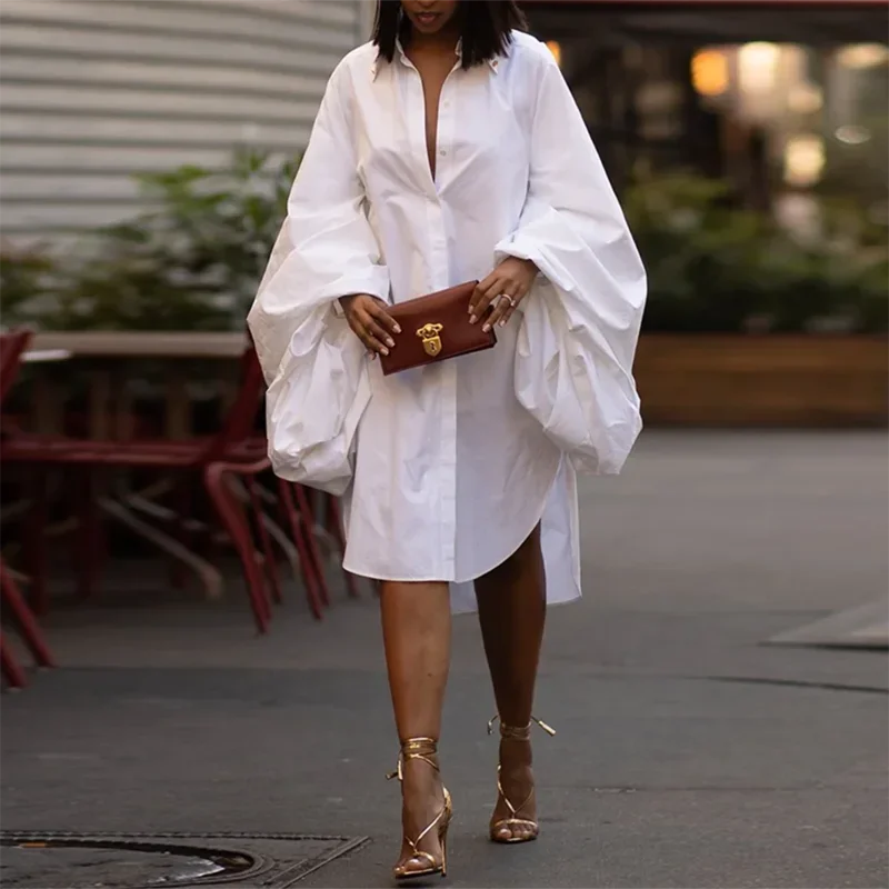 Ella's White, Loose, Stylish, Puffy Long Sleeves, Knee Length Dress