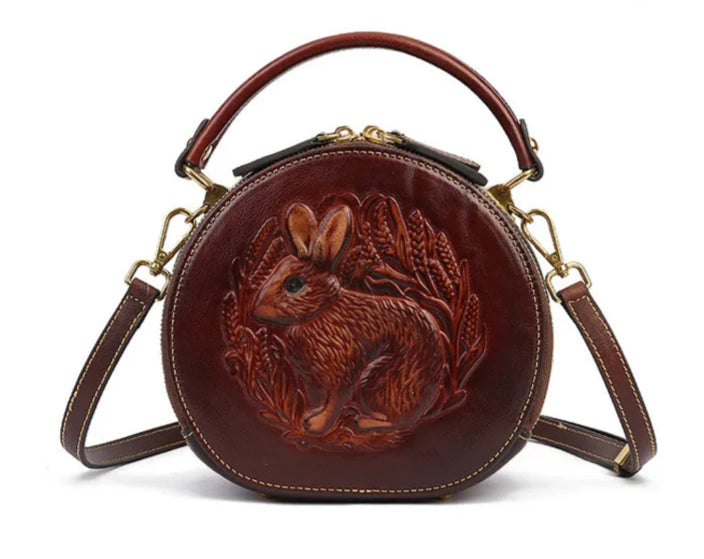 Karma's Genuine Leather, Round Shape, Vintage, Stylish, Retro, Rabbit Embossed, Shoulder Bag