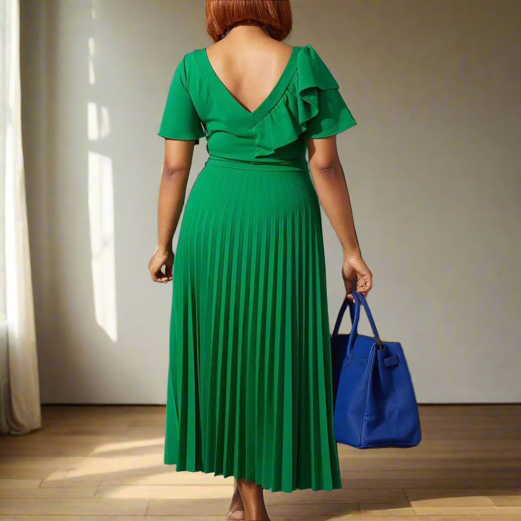 Dana's Pleated, stylish, Trendy, Vintage, Ruffles, short Sleeves, Midi, Office Dress