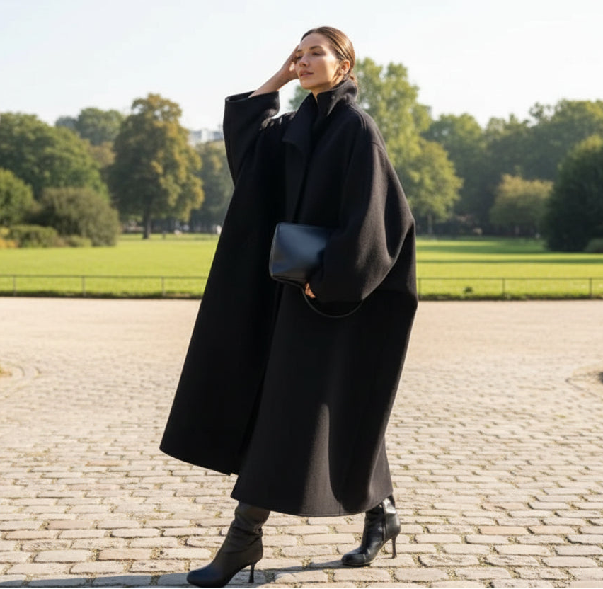 Woman wearing a black coat and boots standing on a sunny park
