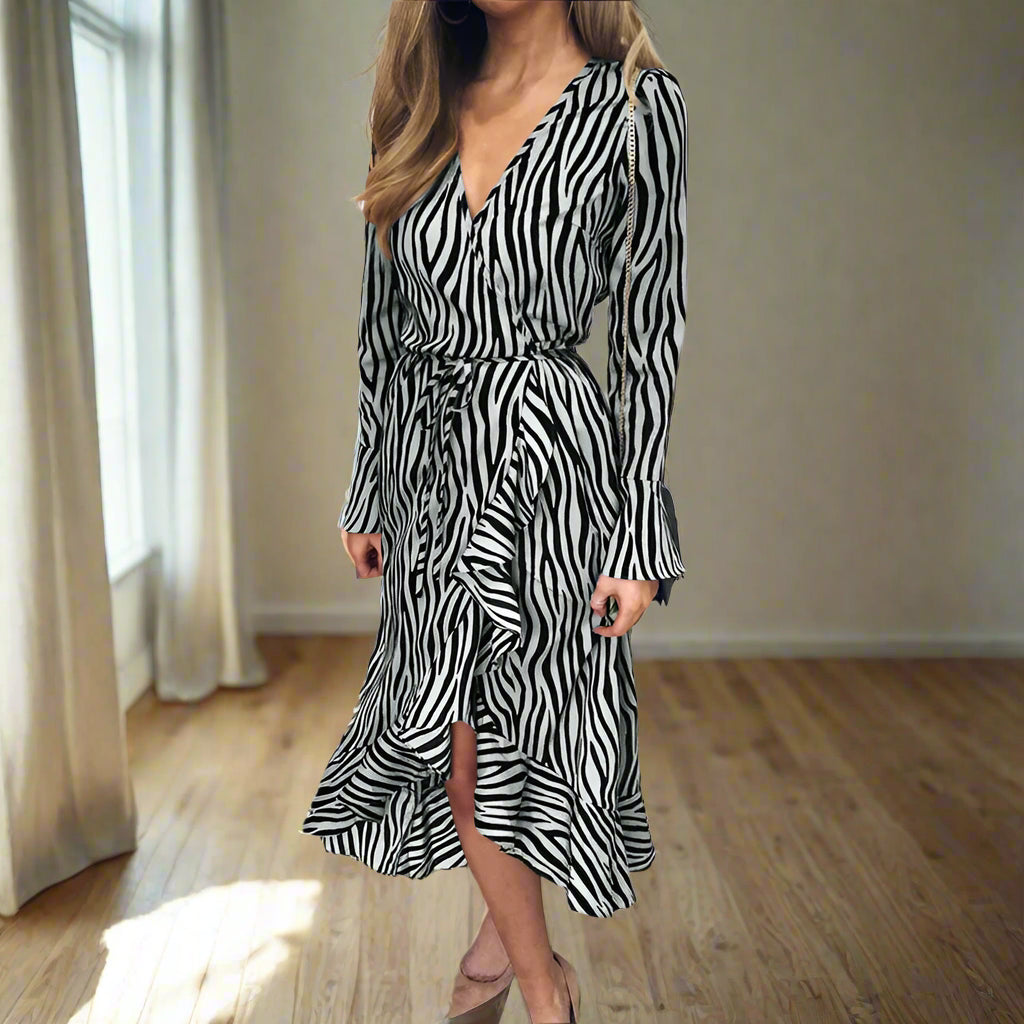 Zoe's Elegant, Zebra Print, Long Petal Sleeves, Trendy, Elegant, Stylish, Ruffles, Cross Pullover, Midi Dress