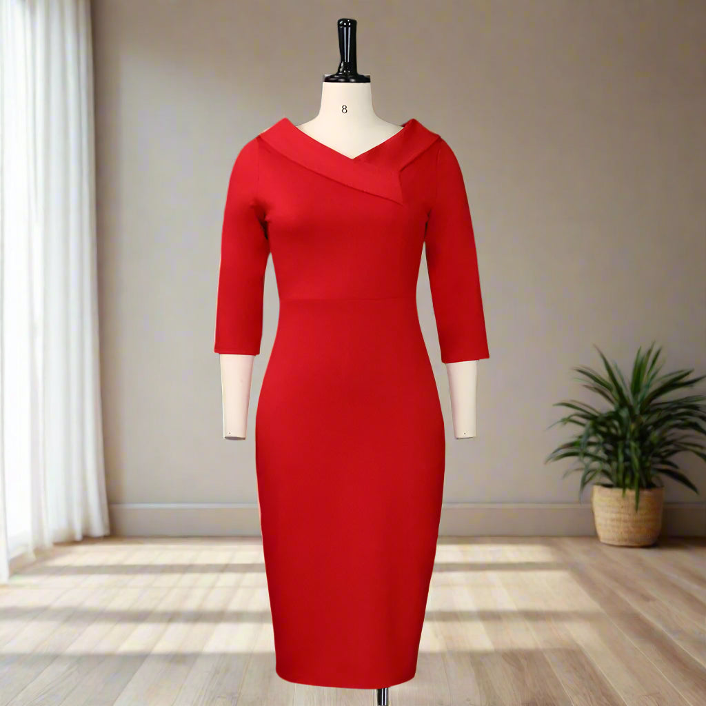 Ivanka's Solid color, Sheath, 3/4 Sleeves, Trendy, Stylish, Formal, Elegant, Midi, Office Dress