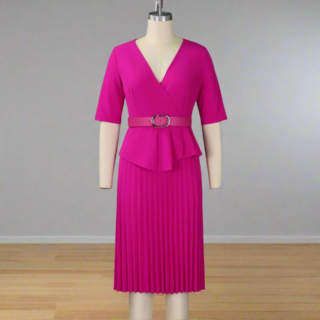 Liz's Plus size, stylish, trendy, Pleated, Temperament, V-Neck, Midi, Office Dress
