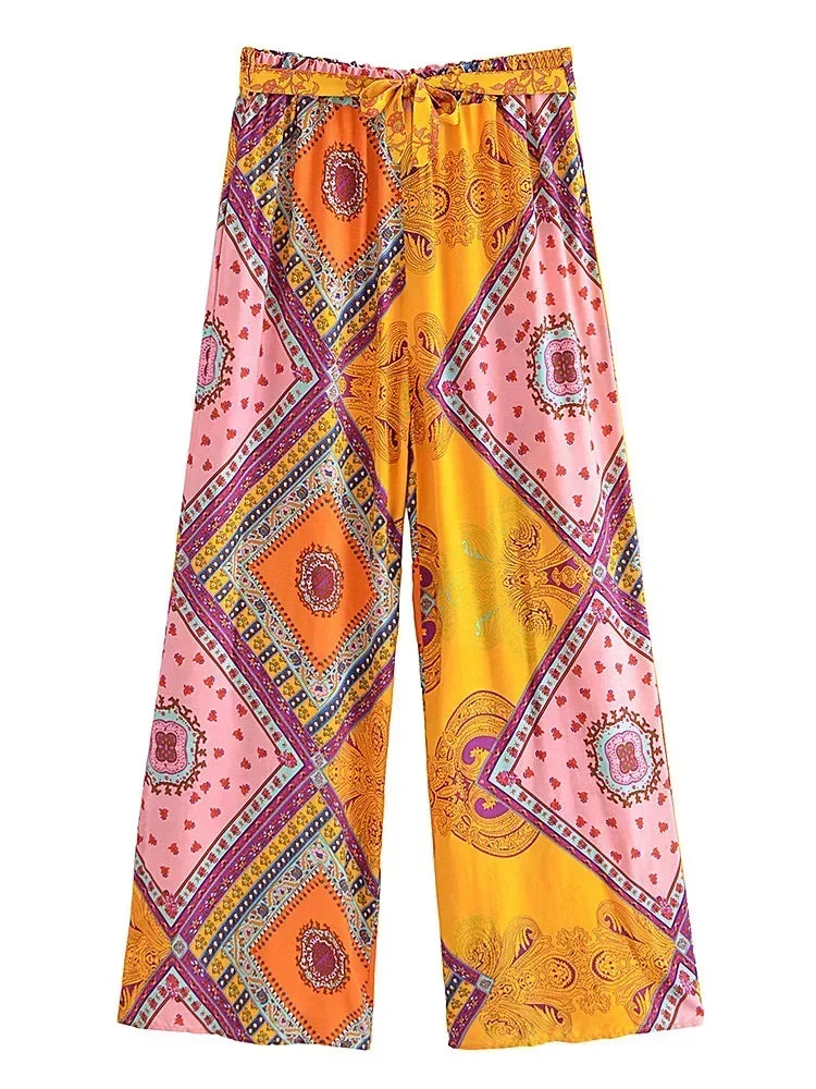 Colorful patterned pants on a white background