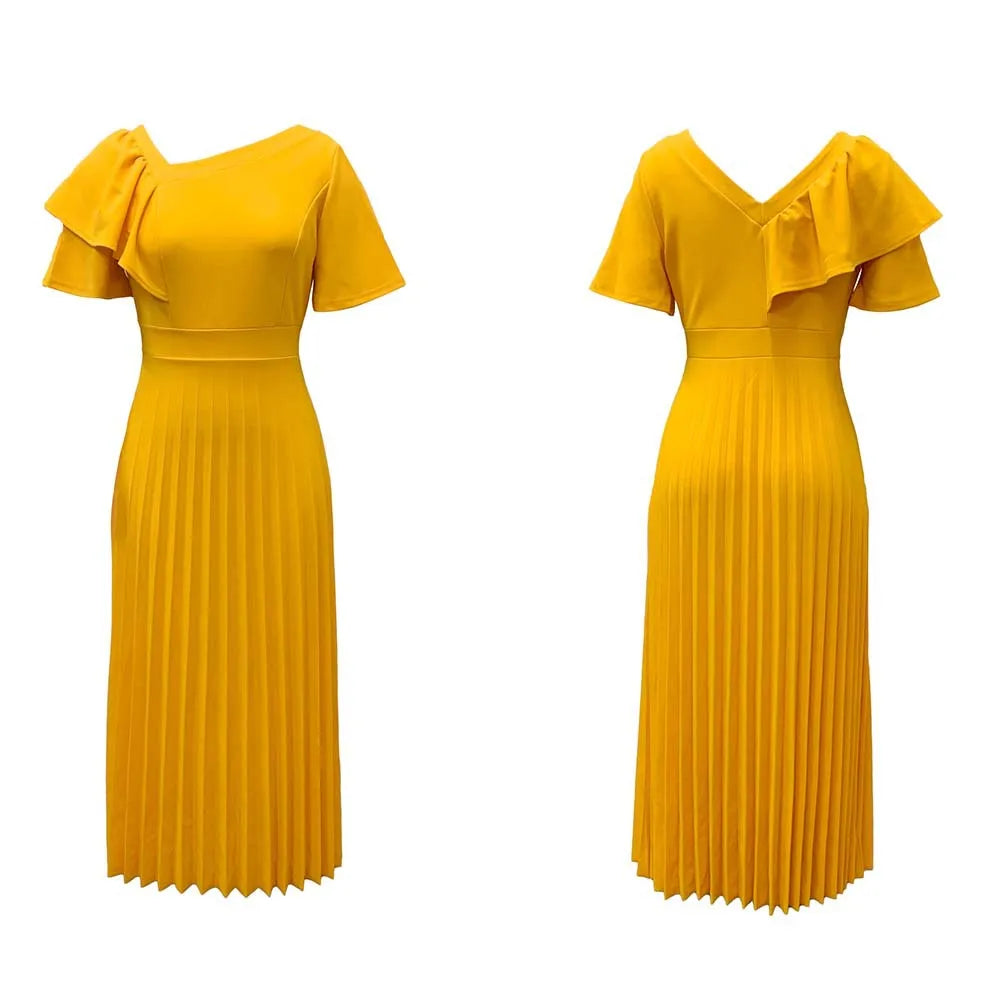 Dana's Pleated, stylish, Trendy, Vintage, Ruffles, short Sleeves, Midi, Office Dress