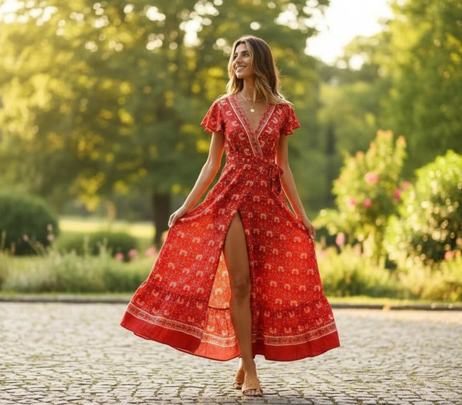 Woman wearing a red patterned dress with a high slit, standing in a sunny park