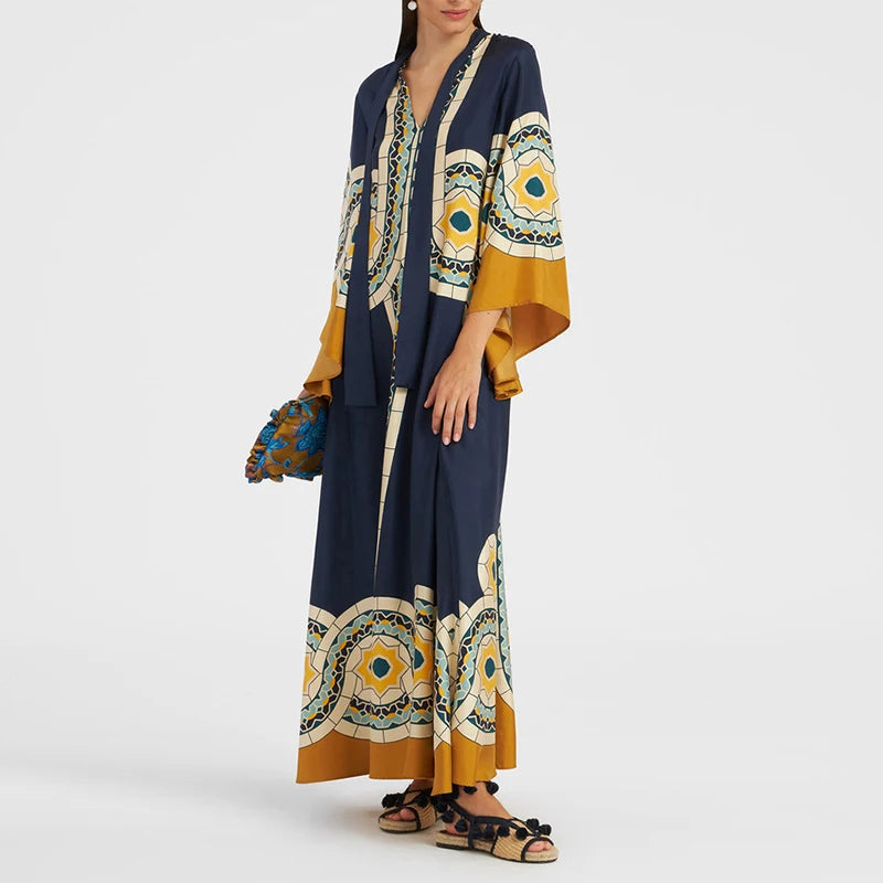 Ellen's Loose Printed Maxi Dress with flare long sleeves