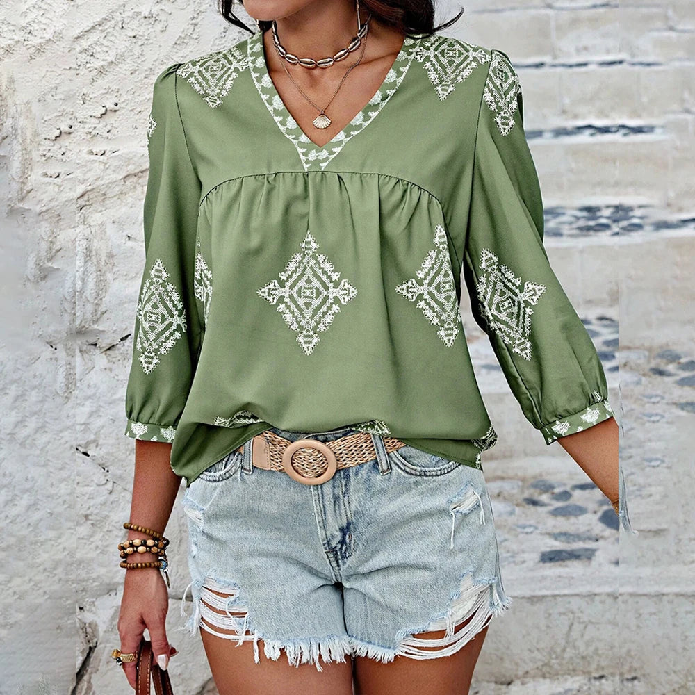 Emmy's Loose, Casual, Trendy, Stylish, Boho, Pullover, Printed Blouse