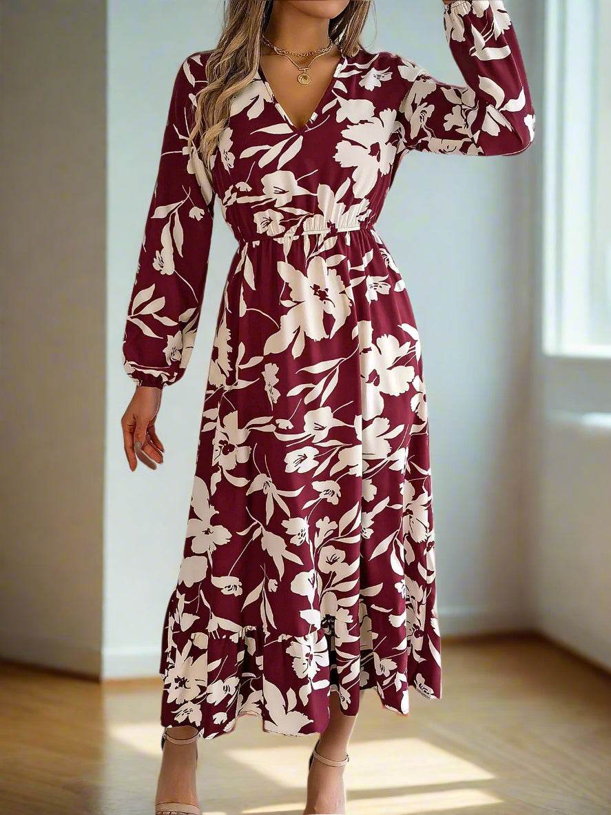Vienna's Floral Print, Trendy, Stylish, Vintage, Elastic Waist, Long Sleeves, Pullover, Robe, Midi Long Dress