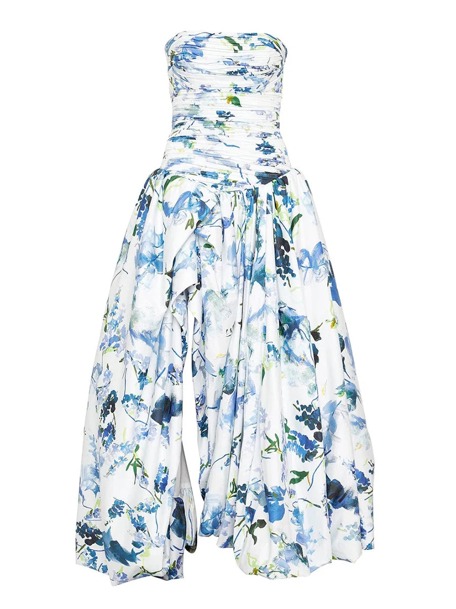 Floral strapless dress with blue and green patterns on a white background