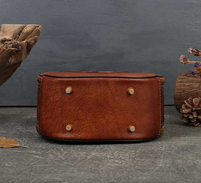 Karma's Genuine Leather, Round Shape, Vintage, Stylish, Retro, Rabbit Embossed, Shoulder Bag