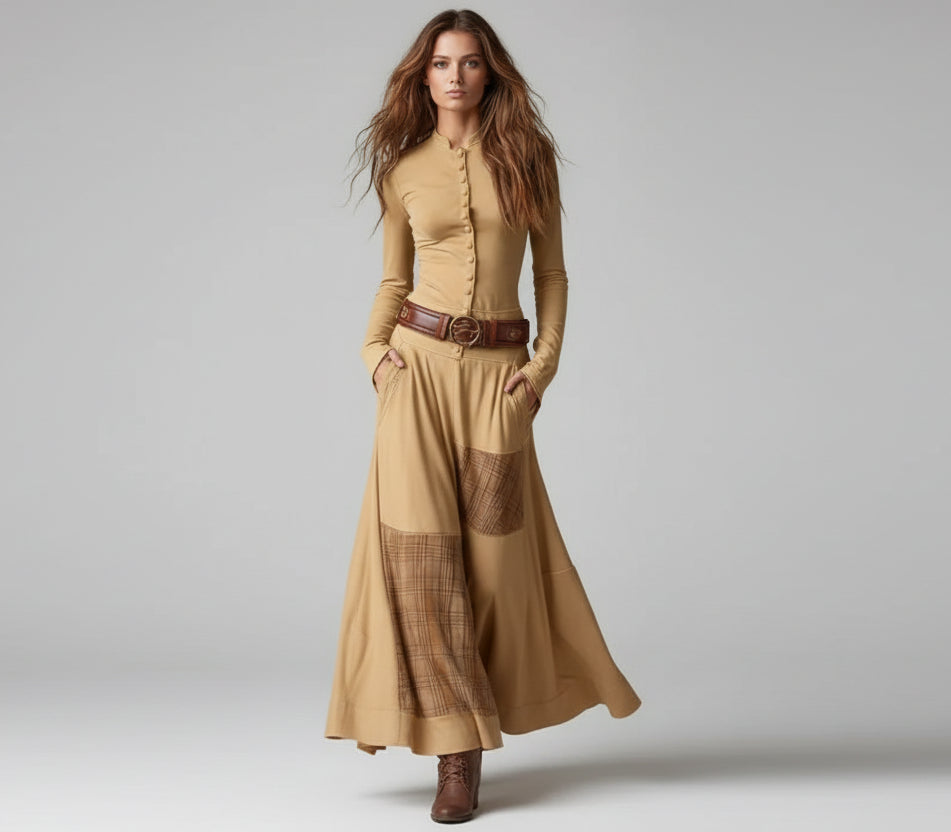 Woman wearing a long beige dress with plaid pattern and brown belt against a gray background