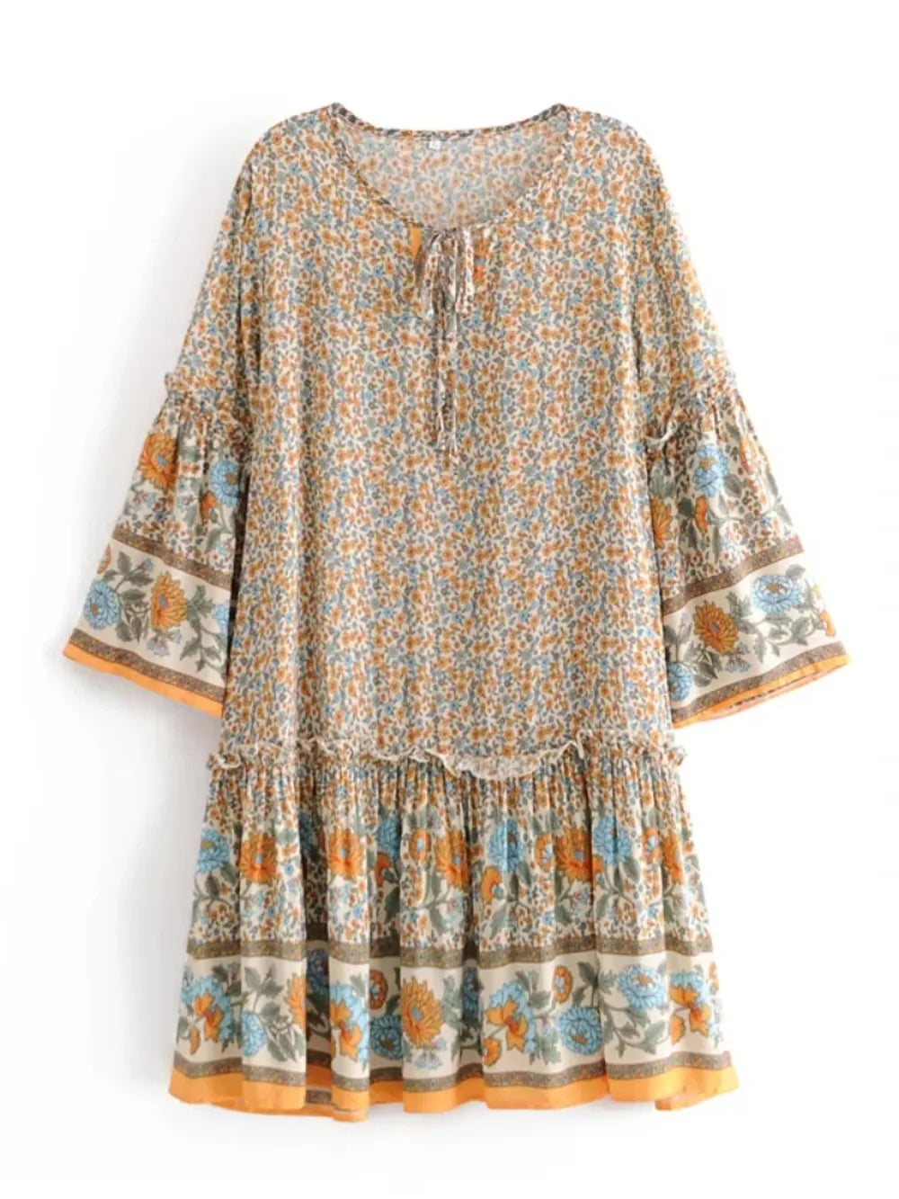 Yosra's  Hippie, Vintage, Stylish, Trendy, Loose, Floral, Ruffles, Print, Floral, Bohemian, Mini Dress