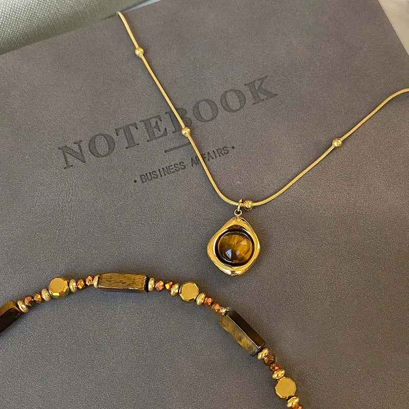 Elinor's Temperament Layered, ELegant, Trendy, Retro, Vintage, Tiger Eye Stone, Pendant Necklace