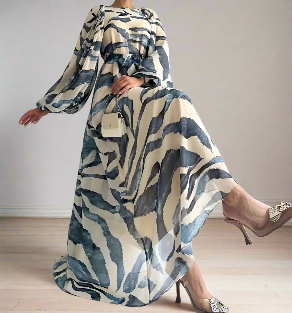Yassmine's Chiffon, Printed, Pattern, Trendy, Vintage, Elegant, Loose, Stylish, Lantern Sleeves, Maxi Dress