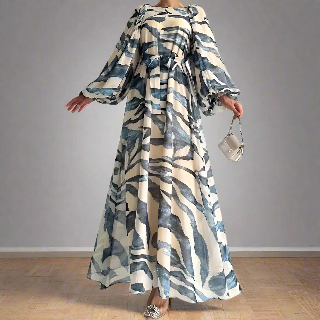 Yassmine's Chiffon, Printed, Pattern, Trendy, Vintage, Elegant, Loose, Stylish, Lantern Sleeves, Maxi Dress