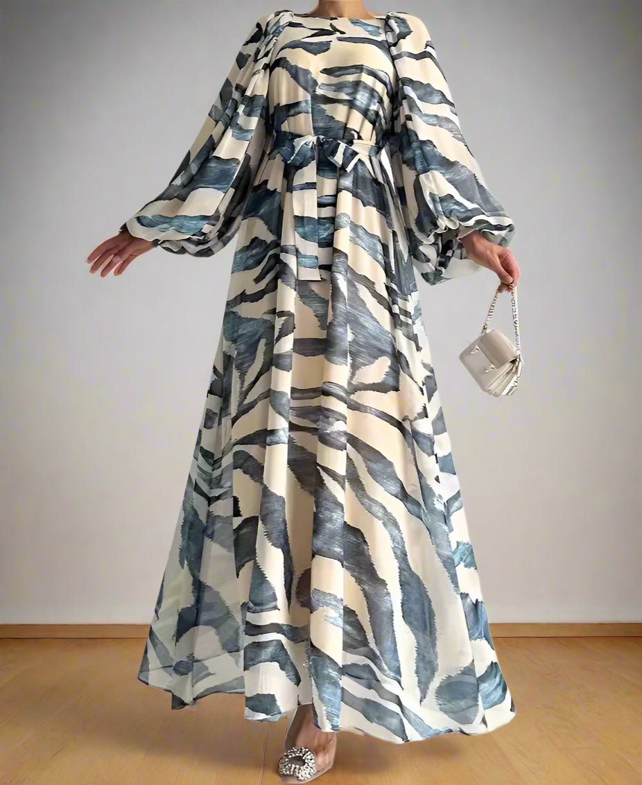 Yassmine's Chiffon, Printed, Pattern, Trendy, Vintage, Elegant, Loose, Stylish, Lantern Sleeves, Maxi Dress