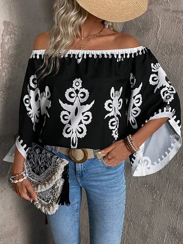 Dina's Loose, Casual, Trendy, Stylish, Boho, Off-shoulder, Printed Sleeves Blouse