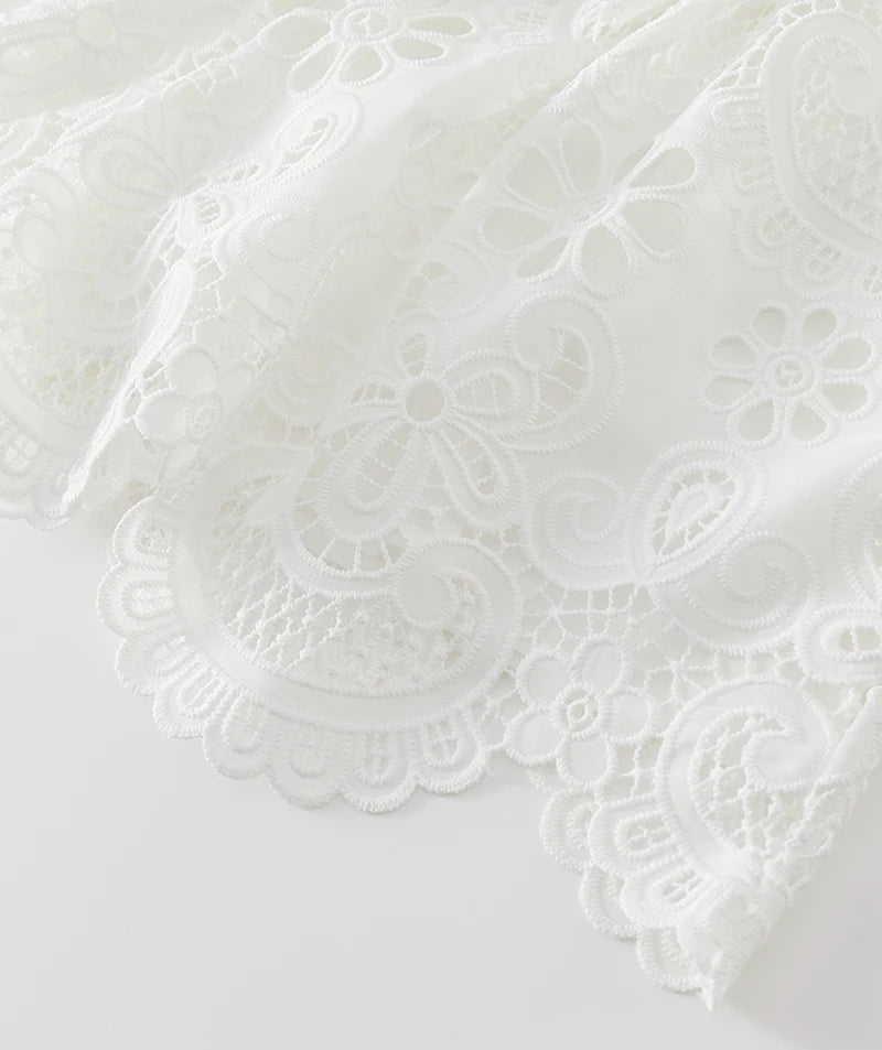 Close-up of white lace fabric on a white background