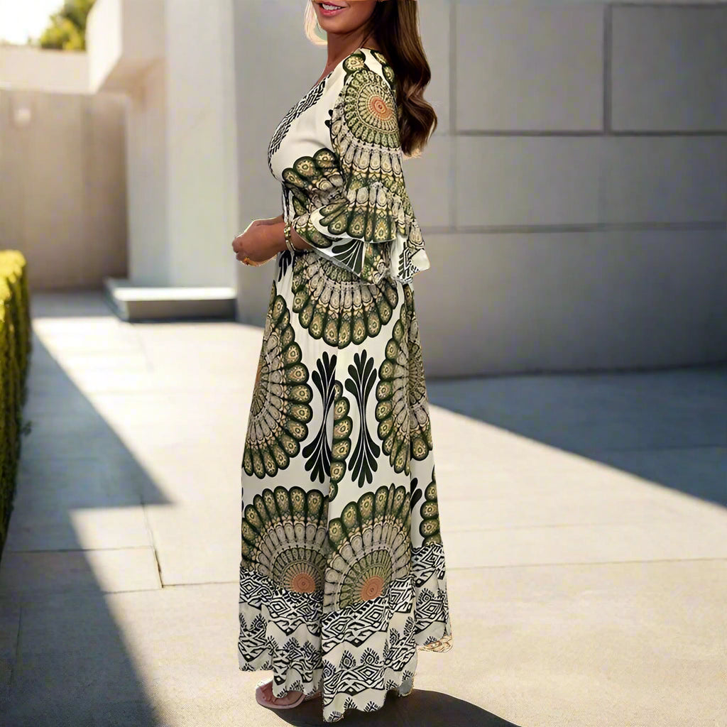 Sophie's Retro, Print, High-waist, Butterfly Sleeves, Trendy, Stylish, Holiday Long Dress