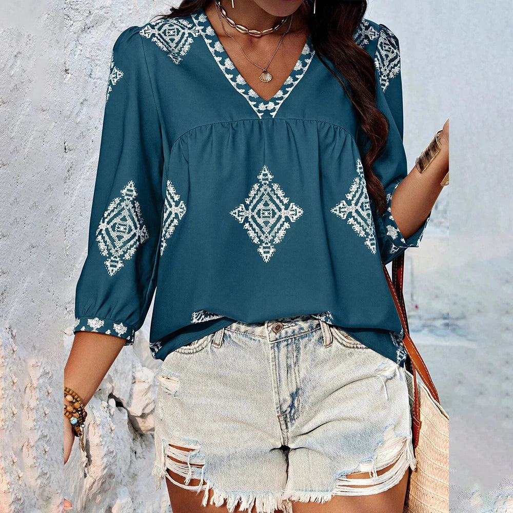 Emmy's Loose, Casual, Trendy, Stylish, Boho, Pullover, Printed Blouse