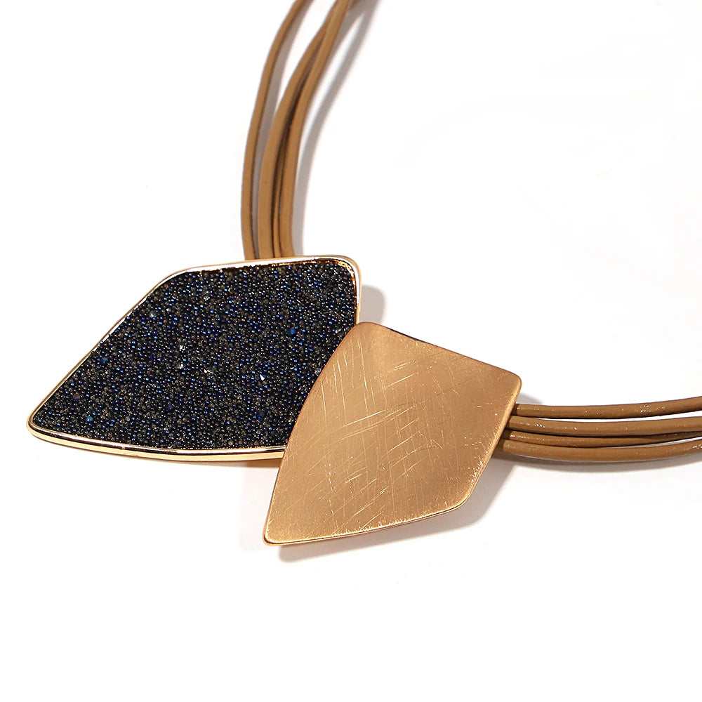 Rein's Irregular geometric design Necklace- Boho Leather chain (Silver, Gold)