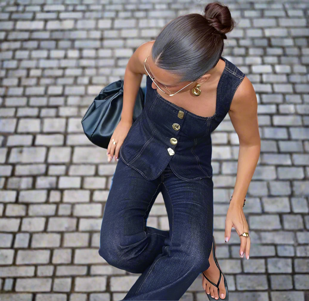 Noha's Denim, Stylish, Trendy, Fashionable, Sleeveless, Single Breasted, High Waist, Outfit Set
