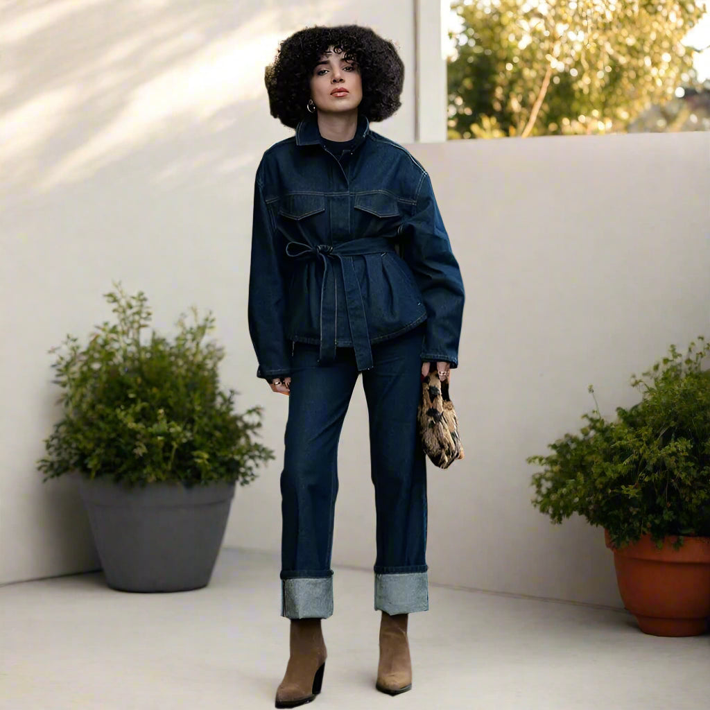 Julie's Casula, Elegant, Stylish, Trendy, Wide Leg, Long Jacket, Denim Outfit sets