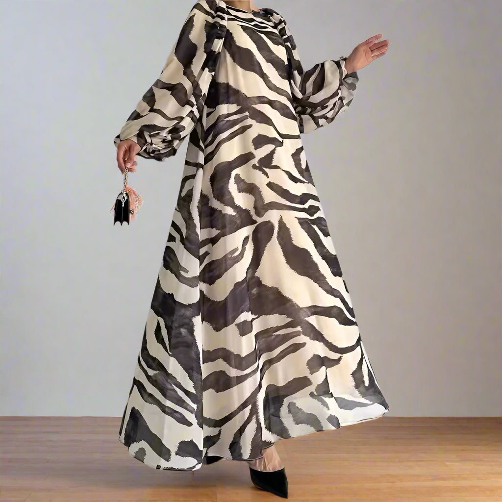 Yassmine's Chiffon, Printed, Pattern, Trendy, Vintage, Elegant, Loose, Stylish, Lantern Sleeves, Maxi Dress