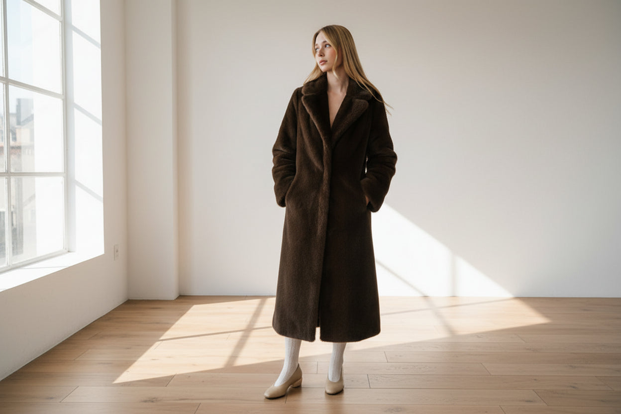 Woman wearing a long brown coat against a white background