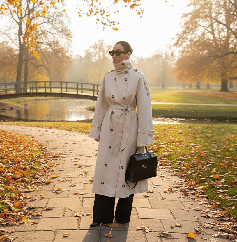 Woman in a white trench coat holding a black handbag against a park
