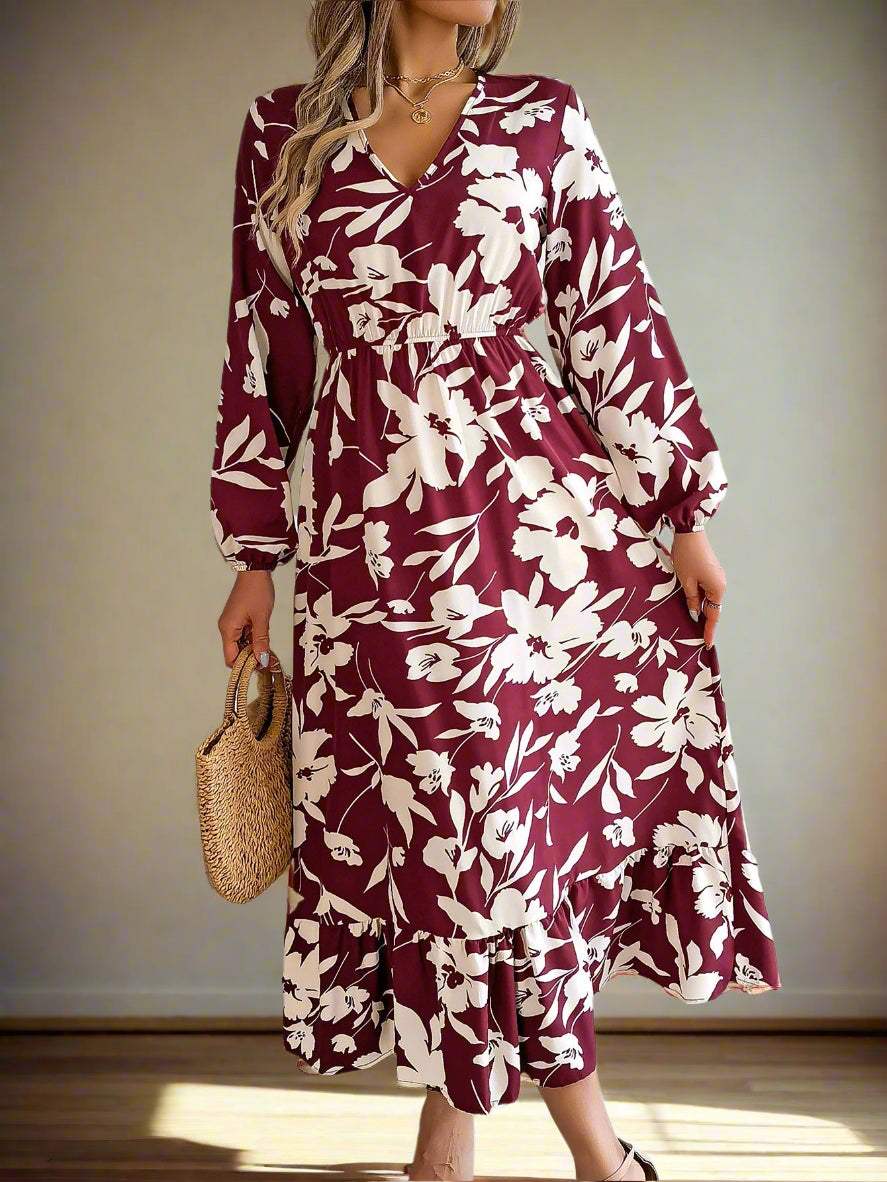 Vienna's Floral Print, Trendy, Stylish, Vintage, Elastic Waist, Long Sleeves, Pullover, Robe, Midi Long Dress