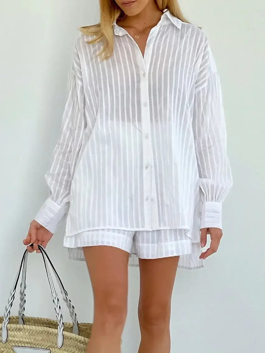 Lara's Striped, White, Jacquard, 2 Pieces, Loose, Summer, Stylish, Trendy, Long Sleeves, Shirt,Elastic Waist, Shorts Sets