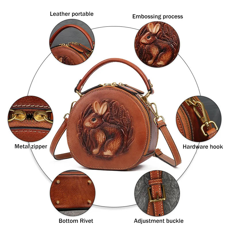 Karma's Genuine Leather, Round Shape, Vintage, Stylish, Retro, Rabbit Embossed, Shoulder Bag
