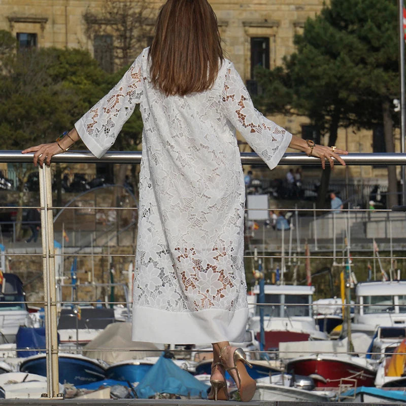 Linda's White Lace Coverup Long Loose Dress