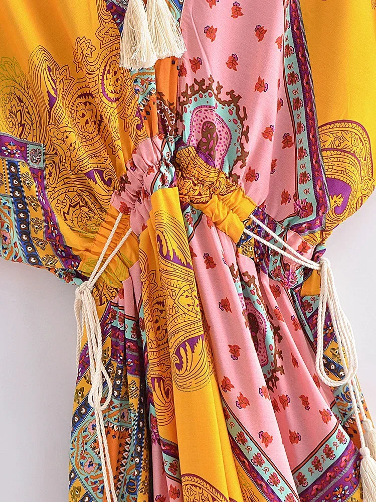 Alice's Vintage, Floral, Print, Batwing sleeves, stylish, Trendy, Boho, Maxi Bohemian Dress