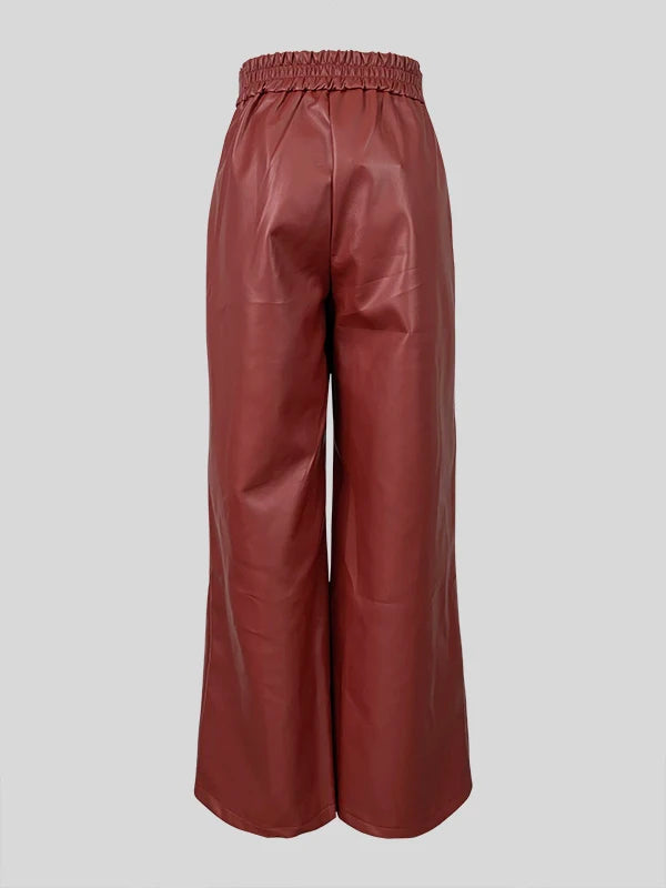 Yara's High Waist, Loose Wide Legs, Faux Leather Long Pant with Pockets