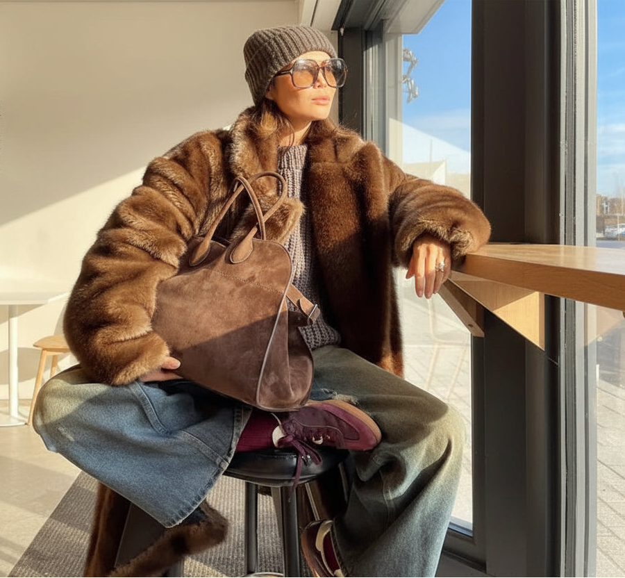 Person wearing a fur coat and sunglasses, sitting at a cafe with a brown handbag.
