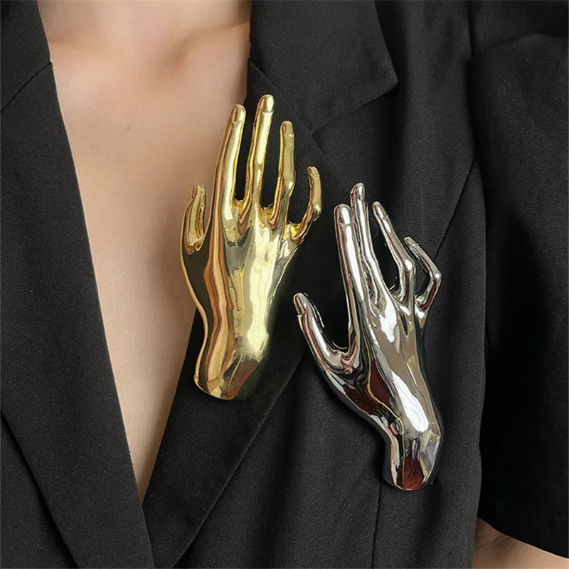 Yara's Metal Smooth Double Palm Hand-shaped Large Brooch- Silver, Gold