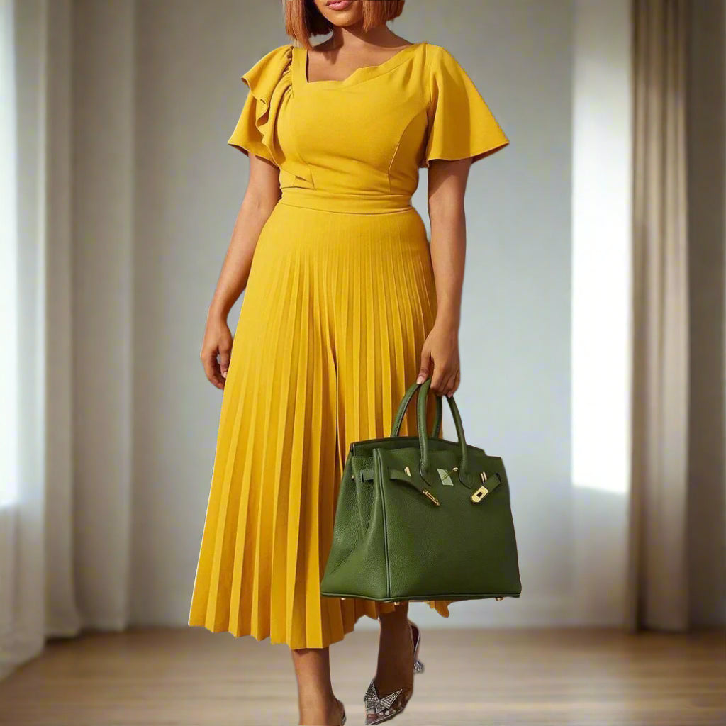 Dana's Pleated, stylish, Trendy, Vintage, Ruffles, short Sleeves, Midi, Office Dress