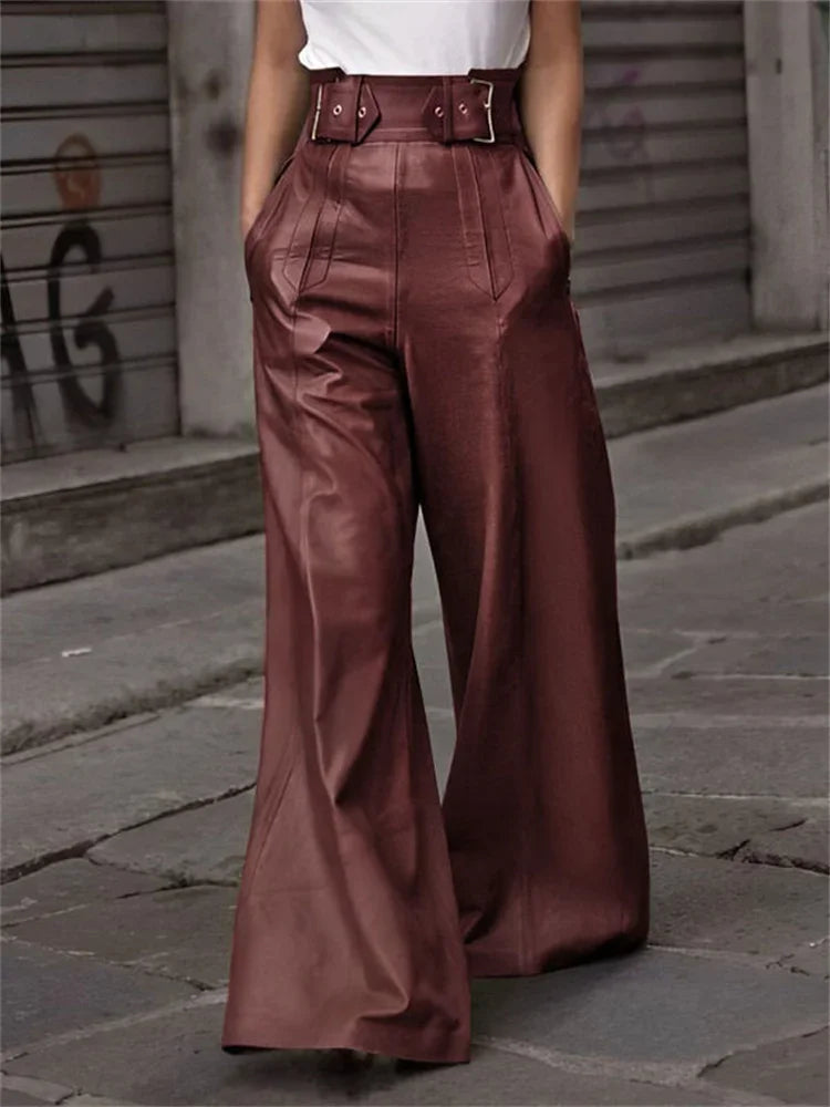 Yara's High Waist, Loose Wide Legs, Faux Leather Long Pant with Pockets