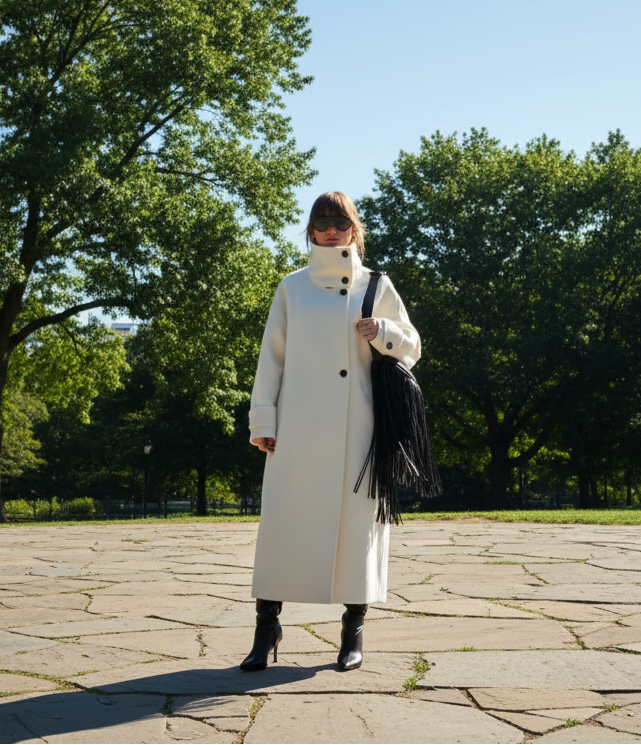 Person in a white coat holding a black bag in central park