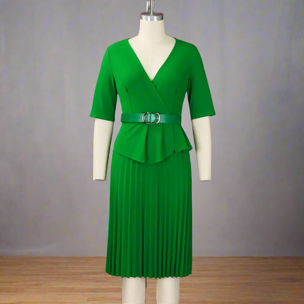 Liz's Plus size, stylish, trendy, Pleated, Temperament, V-Neck, Midi, Office Dress