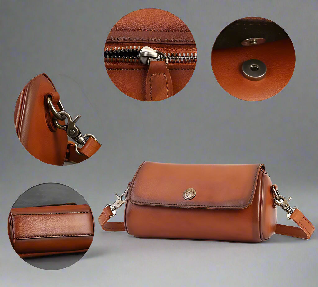 Brown leather handbag with close-up details on a grey background